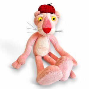 Pink Panther Plush Stuffed Animal Bendy Posable Limbs Red Hat 13"